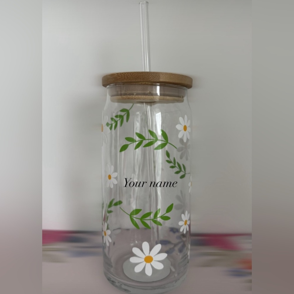 Floral Glass Tumbler with Bamboo Lid